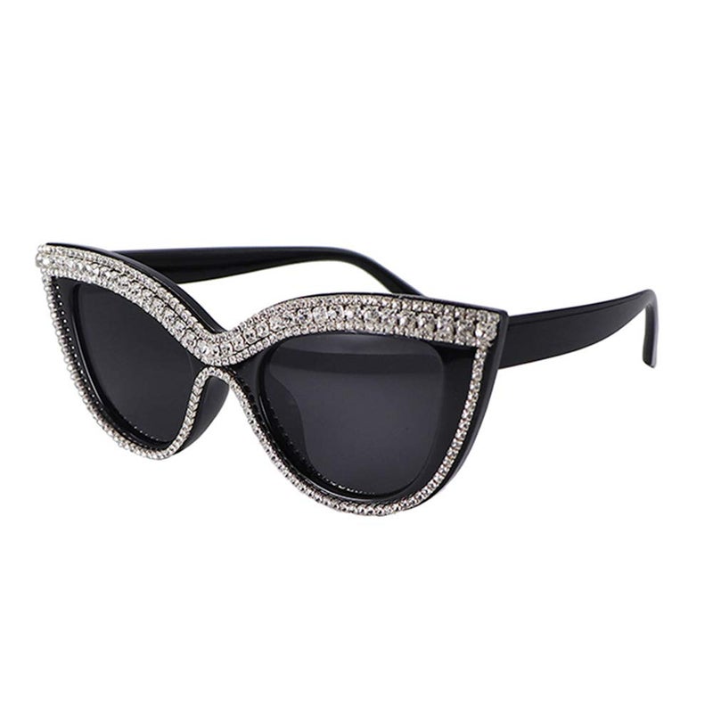 FUPRECIOUS Cat Eye النظارات الشمسية بإطار من البلاستيك الأسود والكريستال بأحجار الراين - Image 2